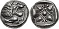 IONIA, Miletos. Late 6th-early 5th century BC. AR Obol (9mm, 1.07 g). Forepart of lion left, head right Stellate and floral design within incuse square.jpg